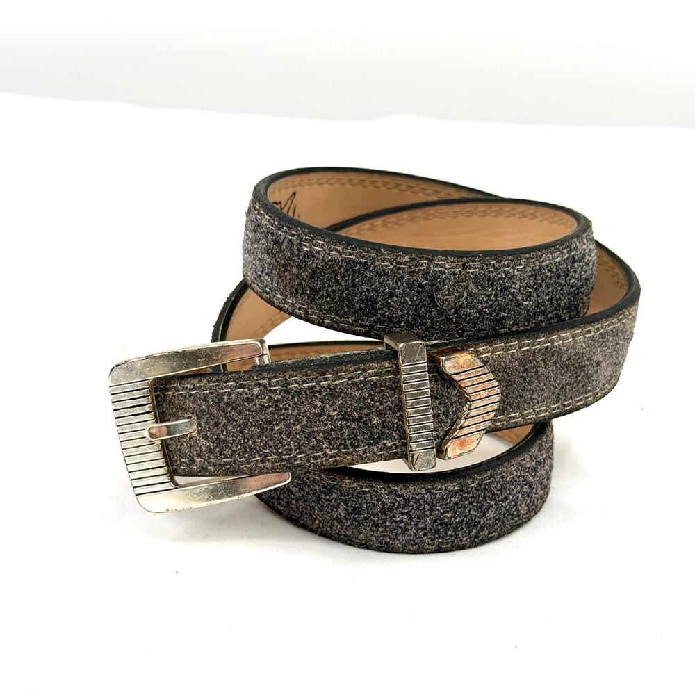 Vintage 90s Gotcha Covered Grey Brushed Genuine Leather Western Tipped Belt